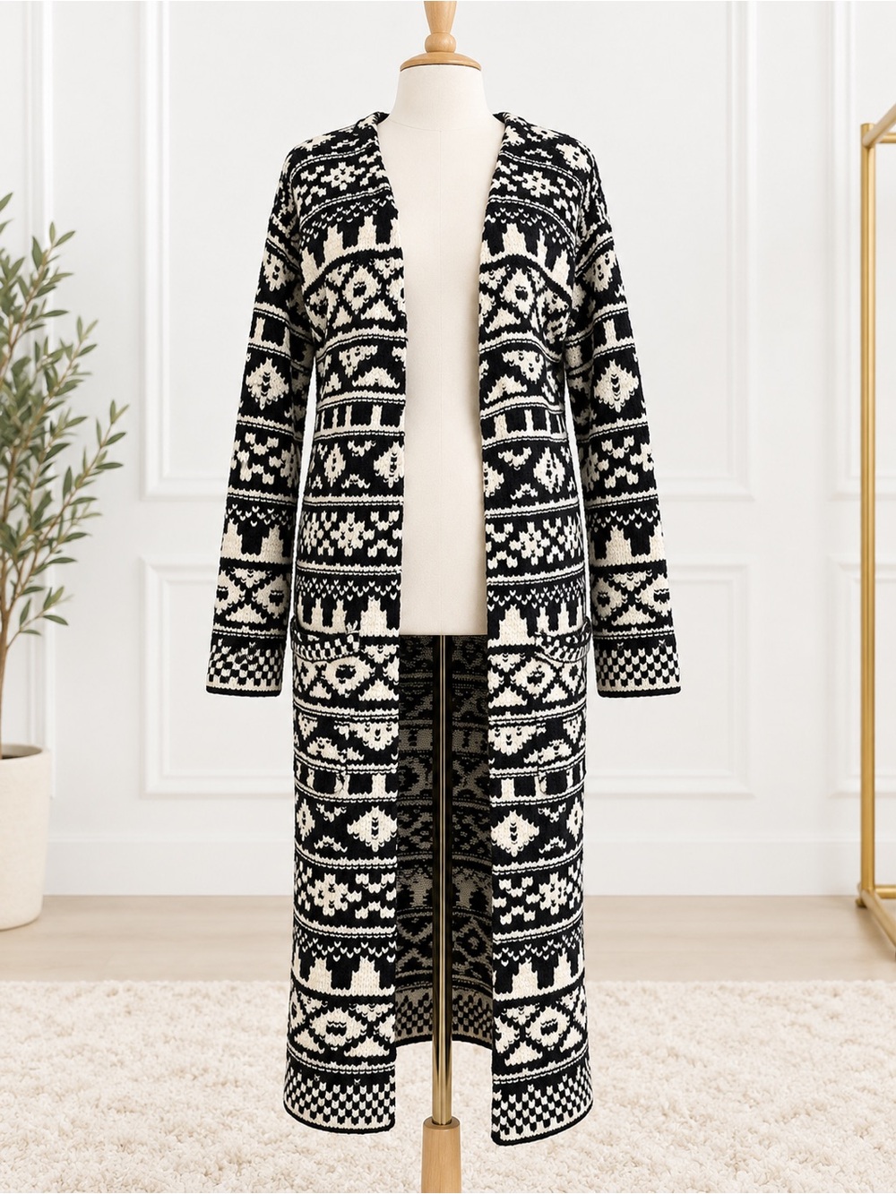 Cliché Couture Black Cream Nordic Fair Isle Long Duster Cardigan XS